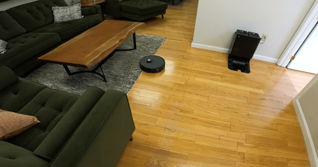 Roborock Qrevo Edge S5A mixed floor | Vacuum Wars Roborock Qrevo Edge S5A robot vacuum cleaning mixed hard floors and carpet with automatic mop lifting and edge-cleaning dual spinning mop pads.