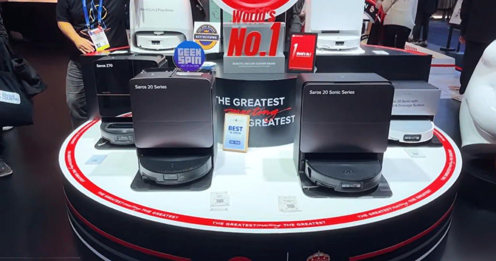 Roborock Saros 20 CES | Vacuum Wars Roborock Saros 20 Series robot vacuum and mop combo displayed at CES 2026 alongside the Saros 20 Sonic Series and Saros Z70 models, highlighting Roborock’s premium 2026 flagship lineup with advanced automation, high suction power, and integrated mopping features.