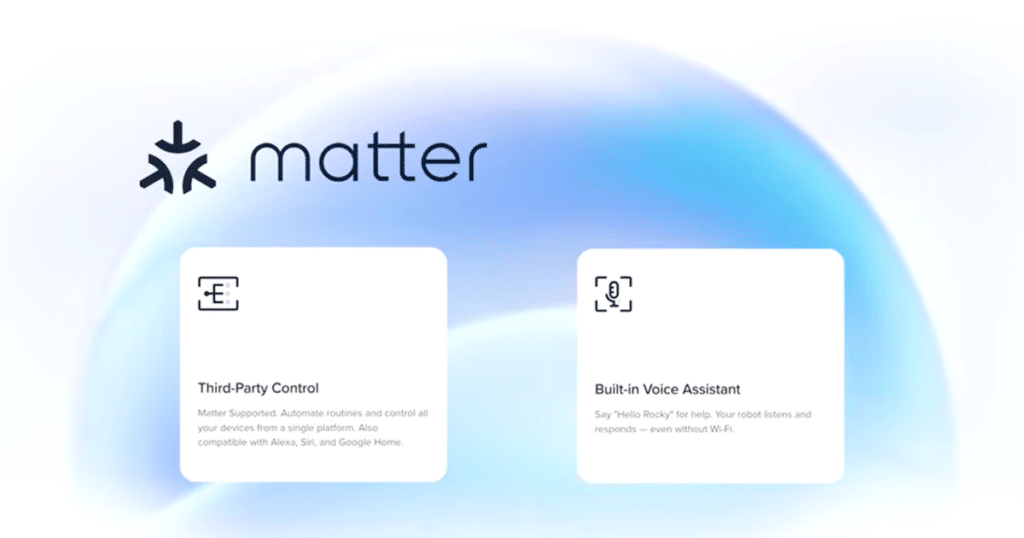 Roborock Saros 20 matter | Vacuum Wars Roborock Saros 20 smart home integration features showing Matter compatibility, third-party voice assistant support, and built-in voice controls. The robot vacuum supports Alexa, Siri, Google Home, remote viewing, and onboard voice activation.