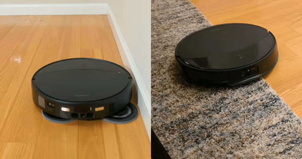 Roborock Saros 20 mop features | Vacuum Wars Roborock Saros 20 robot vacuum demonstrating automatic mop lifting and edge mopping features on hardwood floors and carpet. The robot can detect wet floors, switch to mop-only cleaning, lift mop pads 20 mm over carpet, and extend one mop pad for improved edge cleaning.