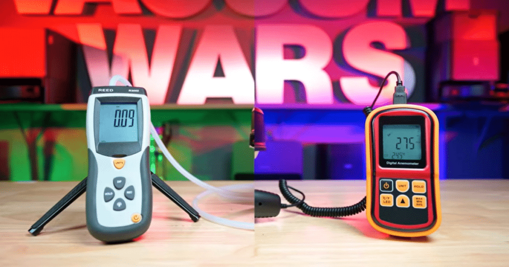Roborock Saros 20 suction airflow | Vacuum Wars Vacuum Wars airflow and suction benchmark testing equipment measuring the Roborock Saros 20 robot vacuum’s performance. The Saros 20 recorded 15 CFM airflow compared to the 17 CFM average and 0.41 kPa suction versus the 0.99 kPa category average.