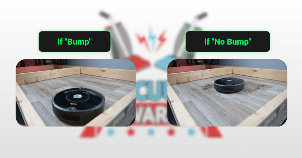 Robot Vacuum Bump Sensors | Vacuum Wars Illustration showing how non-AI robot vacuums use simple “if/then” behaviors, with one robot reacting to a bump and another continuing forward when no obstacle is detected.