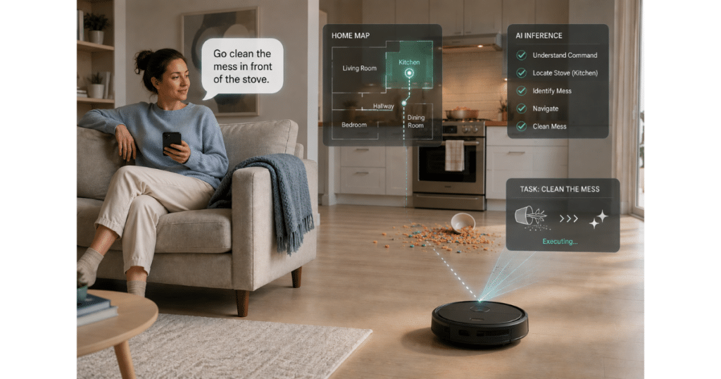 Robot Vacuum Natural Language Processing | Vacuum Wars A robot vacuum navigates toward a spill in a modern kitchen while augmented reality overlays display AI mapping, task execution, and inference systems. A woman sits nearby holding a smartphone as the vacuum prepares to clean debris in front of the stove.