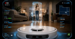 A white robot vacuum navigates a modern living room while an augmented reality interface displays mapping data, cleaning status, battery life, suction power, and person detection around a woman standing in the background using her phone.