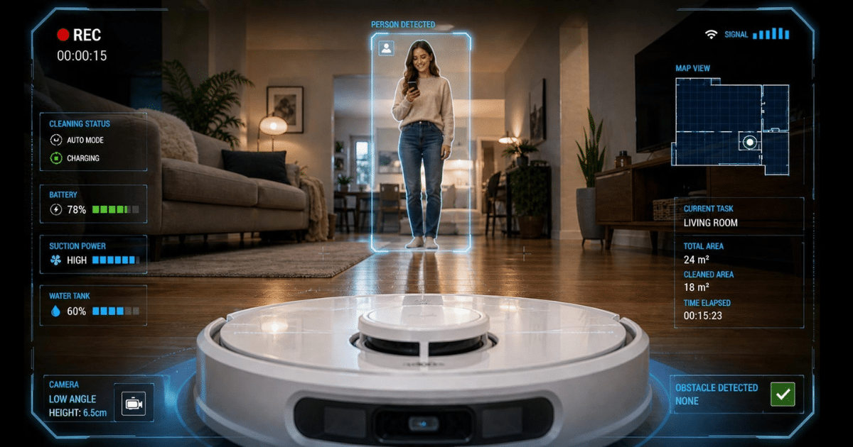 A white robot vacuum navigates a modern living room while an augmented reality interface displays mapping data, cleaning status, battery life, suction power, and person detection around a woman standing in the background using her phone.