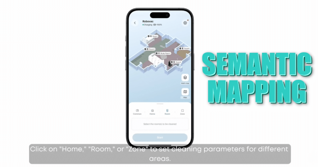 Robot Vacuum Semantic Mapping | Vacuum Wars Illustration of semantic mapping in a robot vacuum app, showing how AI-equipped robot vacuums can recognize and label rooms and objects within a home map.