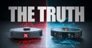 The Truth About AI in Robot Vacuums | Vacuum Wars Two robot vacuums are shown side by side beneath the words “THE TRUTH,” with one vacuum highlighted in red with an X symbol and the other illuminated in blue with futuristic interface graphics, suggesting a comparison between misleading and advanced robot vacuum technology.
