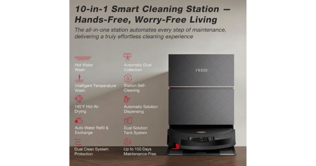Yeedi S20 Infinity Ultra docks | Vacuum Wars Yeedi S20 Infinity Ultra Omni Station with automatic mop washing, 145 degree hot air drying, auto dust collection, and water refill system