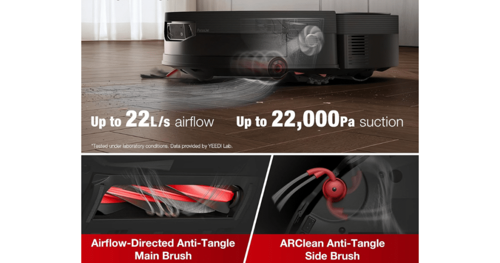 Yeedi S20 Infinity Ultra suction brushes | Vacuum Wars Yeedi S20 Infinity Ultra robot vacuum showing 22,000Pa suction power and ZeroTangle 4.0 anti-tangle brush system for pet hair and debris pickup