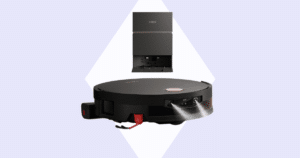 Yeedi S20 Infinity Ultra title | Vacuum Wars Yeedi robotic vacuum and its charging dock shown against a lavender backdrop with a diamond shape behind them.
