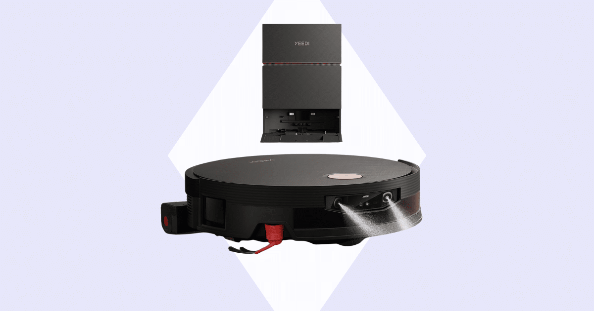 Yeedi robotic vacuum and its charging dock shown against a lavender backdrop with a diamond shape behind them.