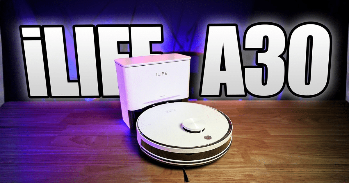 ILIFE A30 robotic vacuum on a wooden surface with its charging dock in the background, purple lighting.