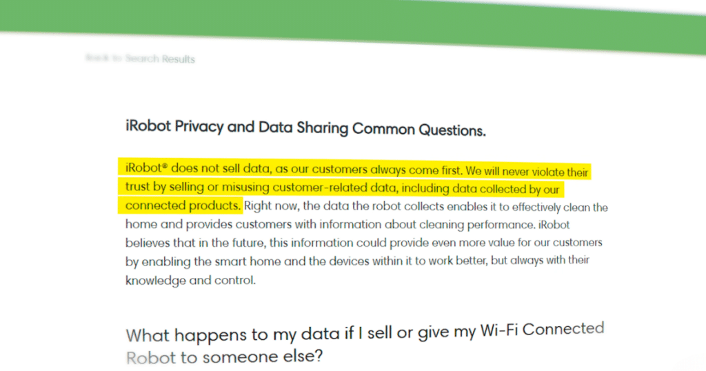 iRobot Privacy and Data Sharing common questions | Vacuum Wars Screenshot discussing the iRobot Roomba j7 privacy controversy alongside an iRobot statement about customer data and connected products.