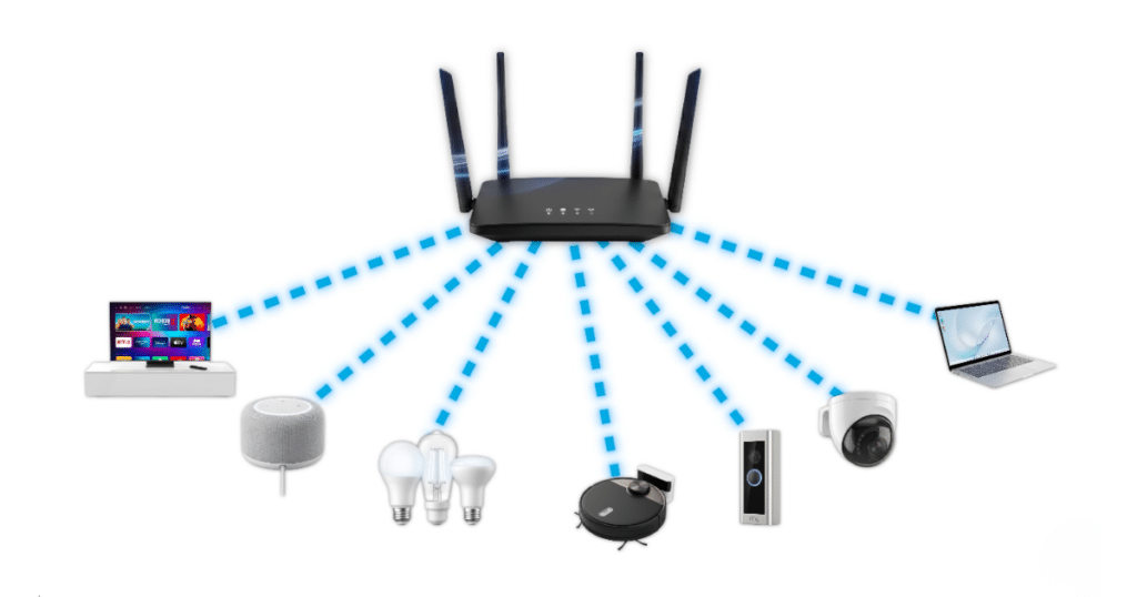 iot security | Vacuum Wars llustration of an Internet of Things smart home network connecting devices like a robot vacuum, smart lights, camera, speaker, TV, and laptop through a Wi-Fi router.