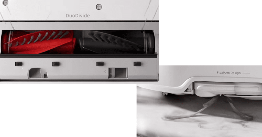 roborock Qrevo Edge S5A brushes | Vacuum Wars Close-up of the Roborock Qrevo Edge S5A DuoDivide main brush and FlexiArm extending side brush designed for improved corner cleaning and debris pickup on hard floors and carpets.