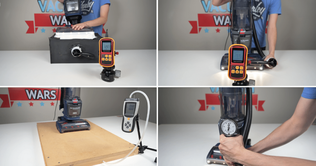 Vacuum Wars performance testing of the Bissell Pet Hair Eraser DualBrush 42943, showing measurements for airflow, suction, and sealed suction during laboratory evaluation.