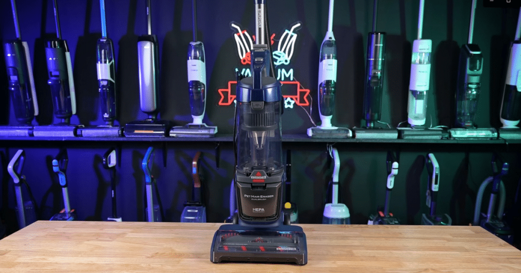 Bissell Pet Hair Eraser DualBrush 42943 upright vacuum displayed in the Vacuum Wars test studio after earning Best Value Upright Vacuum recognition.