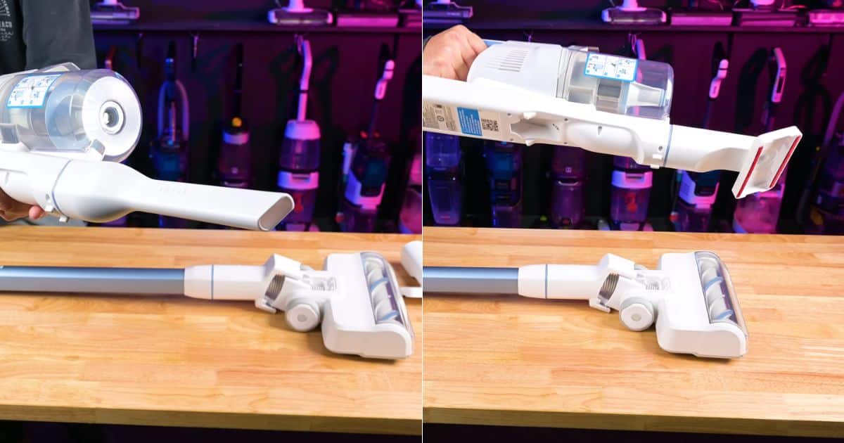 | Vacuum Wars Bissell PowerClean 4173 cordless vacuum shown with its crevice tool and upholstery tool attached in handheld mode.