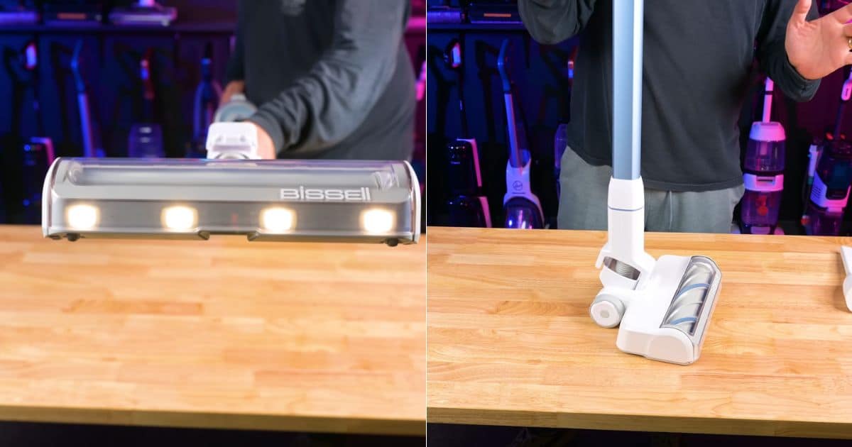 | Vacuum Wars In the left frame, a Bissell PowerClean 4173 cordless vacuum with bright LED headlights on the floor head. On the right frame, a display of its self-standing design.