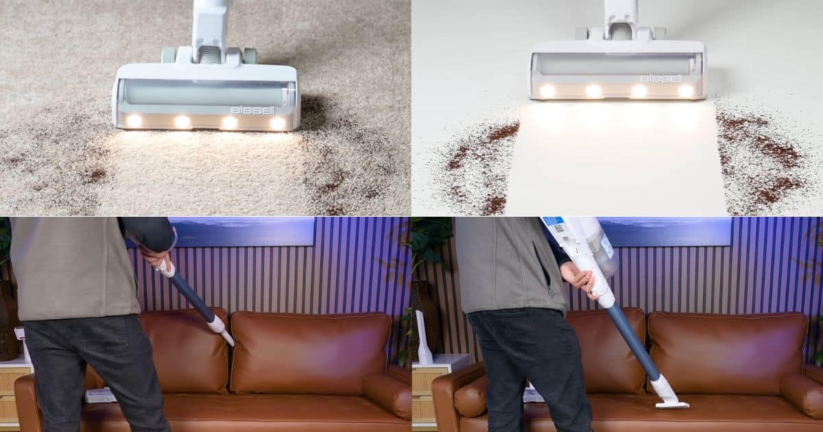 | Vacuum Wars Bissell PowerClean 4173 cordless vacuum cleaning debris on carpet and hard floor, with the crevice tool and upholstery tool being used on a sofa.