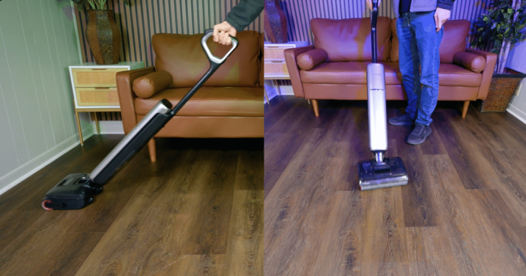 Dreame Aero Pro Hard Floor Cleaner in Use at Vacuum Wars | Vacuum Wars Dreame Aero Pro wet dry vacuum being used on hard floors, shown from two angles in a living room setting.