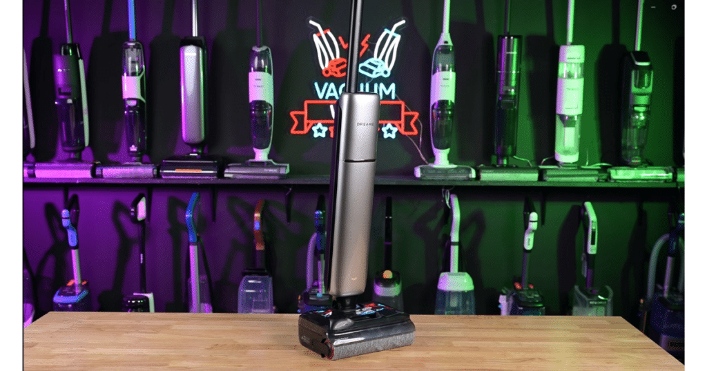 Dreame Aero Pro Hard floor Cleaner Standing at Vacuum Wars | Vacuum Wars Dreame Aero Pro standing on a test bench in the Vacuum Wars studio with other hard floor cleaners in the background.