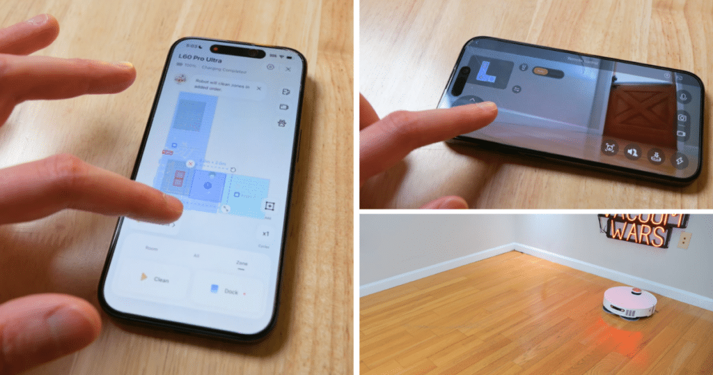 Dreame L60 Pro Ultra app showing map editing, remote camera viewing, and manual robot driving features through the Dreame smartphone app