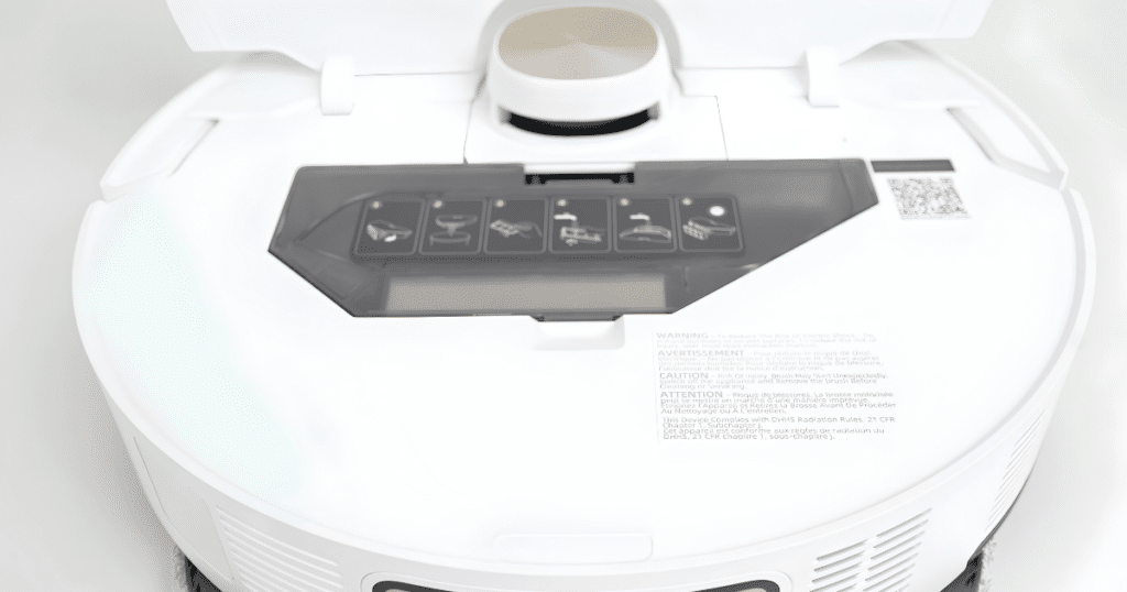 Dreame L60 Ultra PE Dustbin at the Vacuum Wars studio | Vacuum Wars Top view of the Dreame L60 Ultra PE showing its dustbin access panel and LiDAR sensor
