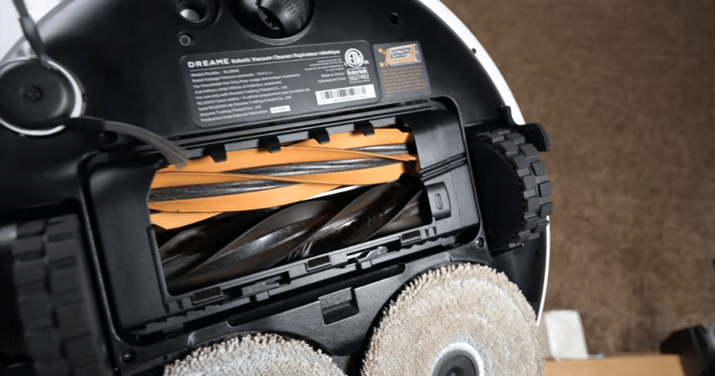 Dreame L60 Ultra PE Hair Tangle Test at the Vacuum Wars studio | Vacuum Wars Underside of the Dreame L60 Ultra PE showing the HyperStream DuoBrush system and mop pads