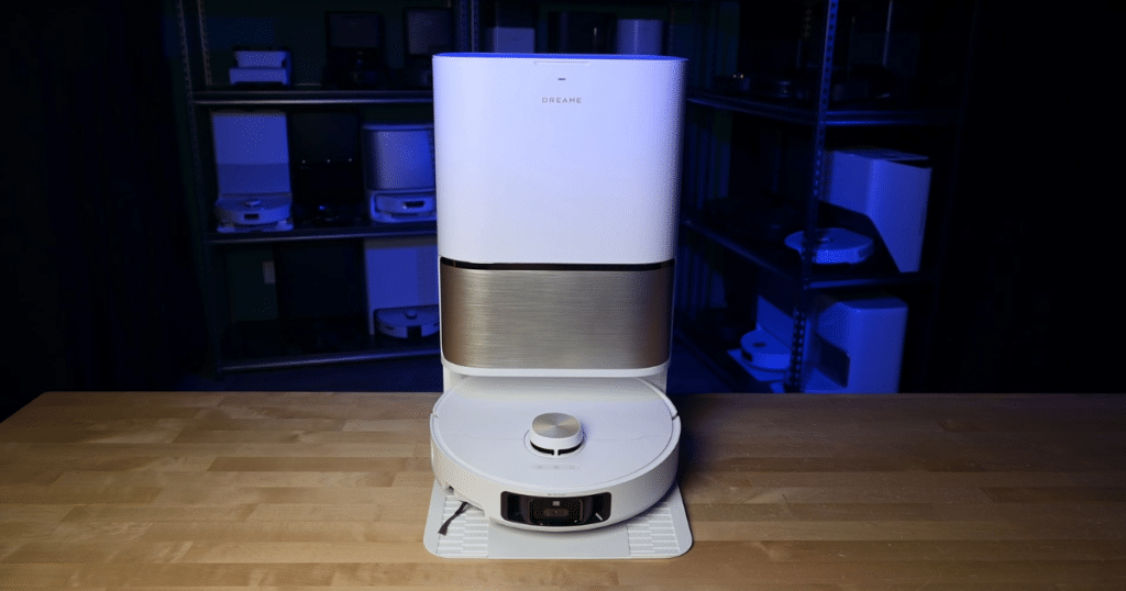 Dreame L60 Ultra PE at the Vacuum Wars studio | Vacuum Wars Dreame L60 Ultra PE robot vacuum docked at its multifunction self-emptying base station