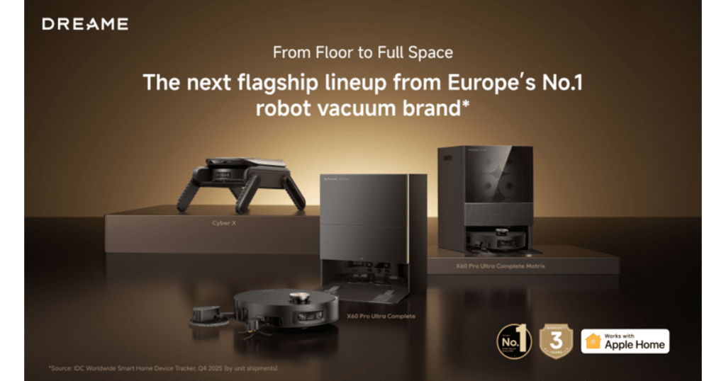 Dreame smart home ecosystem display featuring robot vacuums, wet and dry vacuums, and home appliances at the company's European product launch event.
