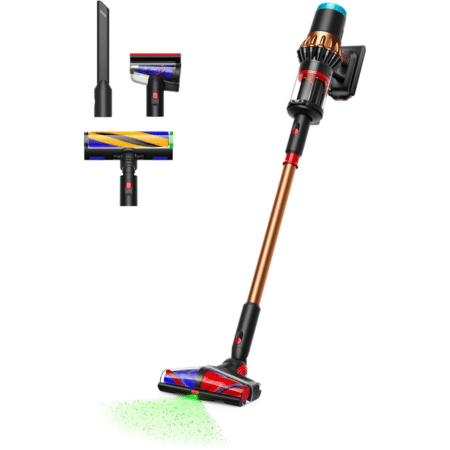 Cordless stick vacuum with copper wand and motorized floor head, plus three attachment tools shown nearby.