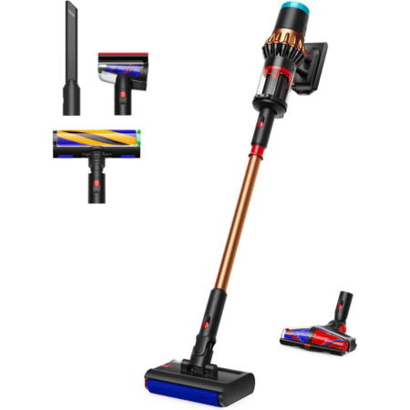 Cordless stick vacuum with extendable wand and multiple attachments including floor brush and mini brush heads.