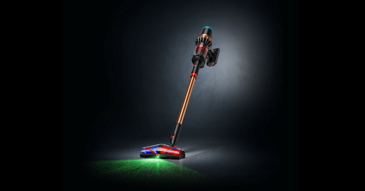 Dyson V16 Piston Animal cordless vacuum standing upright with the new All Floor Cones Sense cleaner head