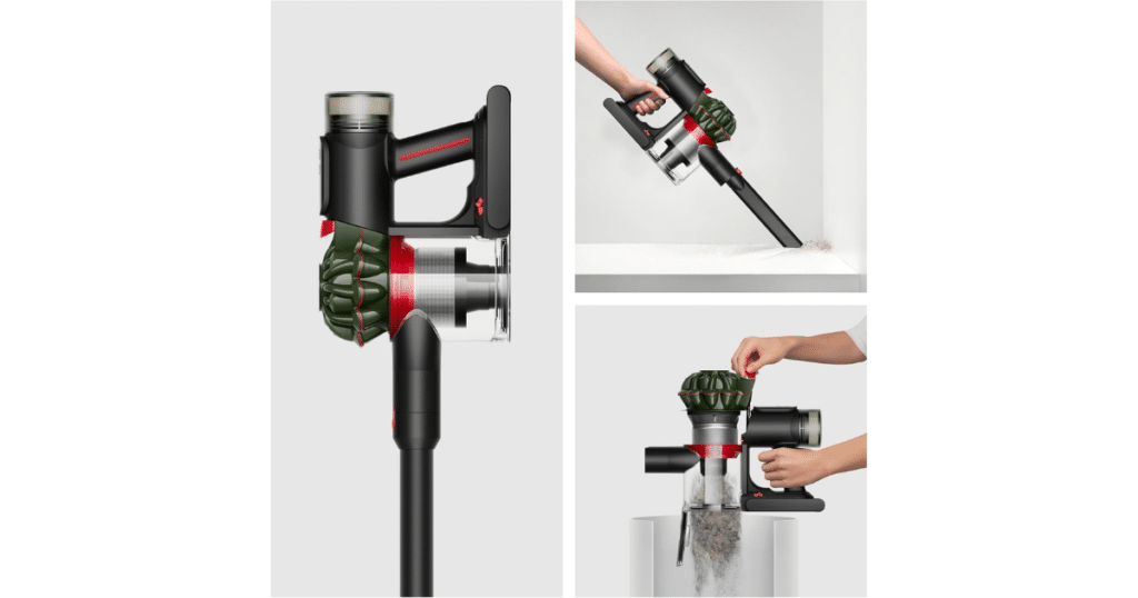Dyson V8 Cyclone Stick Cordless Vacuum | Vacuum Wars Dyson V8 Cyclone cordless vacuum showing updated motor assembly, handheld cleaning mode, and hygienic bin emptying system