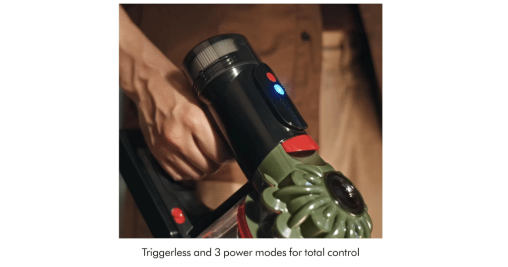 Dyson V8 Cyclone Triggerless Control | Vacuum Wars Close-up of the Dyson V8 Cyclone cordless vacuum showing triggerless controls and power mode indicator