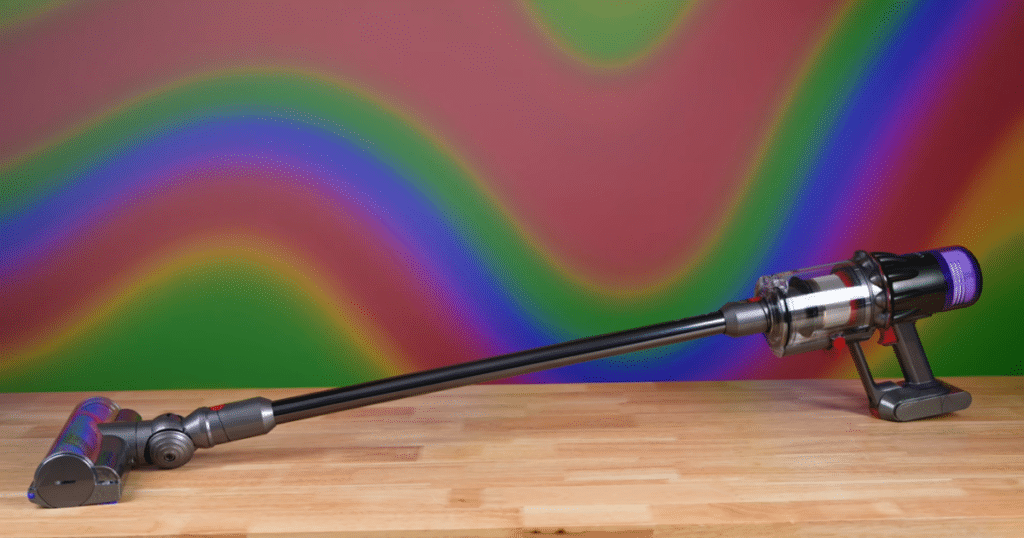 Dyson V9 Motorbar Cordless Stick Vacuum at Vacuum Wars | Vacuum Wars Dyson V9 Motorbar cordless vacuum displayed in the Vacuum Wars studio for the final verdict section.