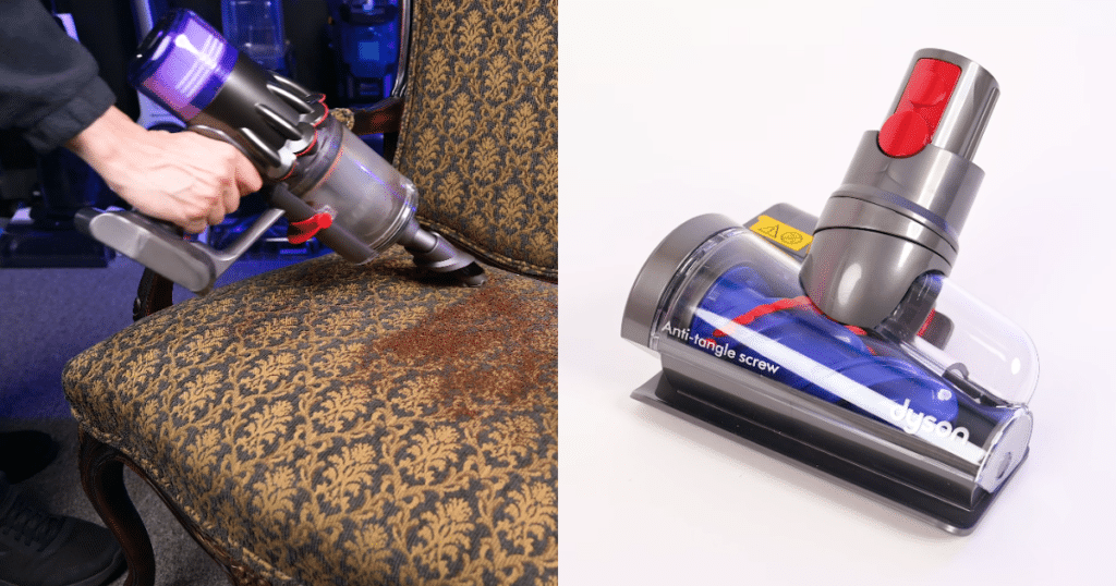 Dyson V9 Motorbar Handheld Vacuuming Vacuum Wars | Vacuum Wars Dyson V9 Motorbar in handheld mode cleaning an upholstered chair with the Hair Screw tool, shown beside a close-up of the anti-tangle motorized upholstery attachment.