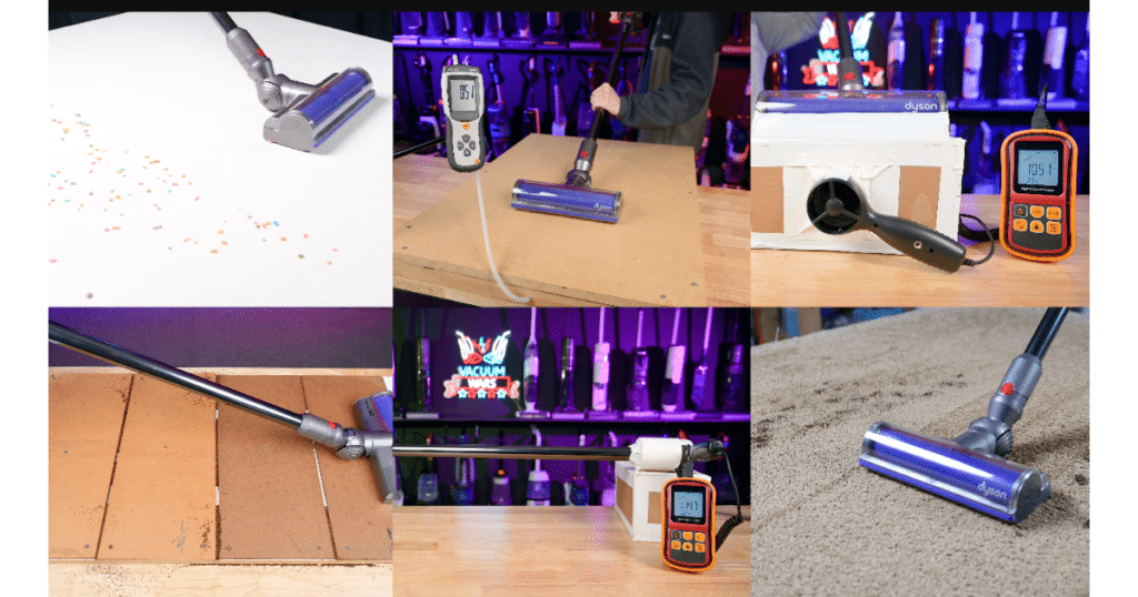 Dyson V9 Motorbar Testing at Vacuum Wars | Vacuum Wars Dyson V9 Motorbar cordless vacuum undergoing Vacuum Wars testing, including debris pickup, suction, airflow, crevice pickup, and carpet cleaning tests.