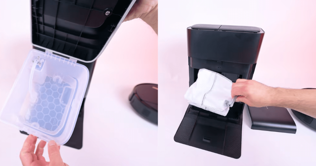ECOVACS T80s Omni dock | Vacuum Wars Close-up views of the ECOVACS Deebot T80s Omni docking station showing the removable sealed dust bag compartment and the automated maintenance system that empties debris, washes mops, and manages clean and dirty water tanks.