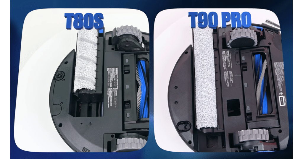 ECOVACS T80s Omni ozmo mop | Vacuum Wars Side-by-side underside comparison of the ECOVACS Deebot T80s and T90 Pro robot vacuums, highlighting their roller mop systems. The T80s uses the Ozmo 2.0 self-cleaning roller mop, while the T90 Pro features the newer Ozmo 3.0 design.