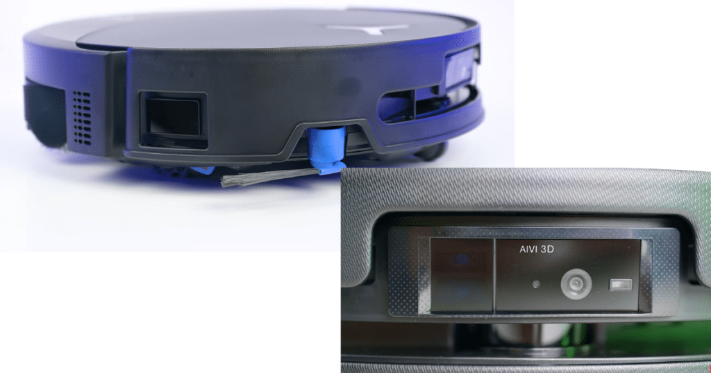 ECOVACS T80s Omni sensors | Vacuum Wars Close-up views of the ECOVACS Deebot T80s Omni obstacle avoidance system, showing its front-facing RGB camera, LED assist light, and 3D structured light sensors used for object detection and navigation.