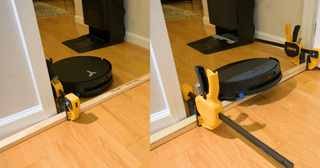 ECOVACS T80s Omni threshold | Vacuum Wars Side-by-side threshold climbing test showing the ECOVACS Deebot T80s Omni (left) crossing a 19 mm threshold and the ECOVACS Deebot T90 Pro Omni (right) clearing a taller 32 mm threshold, demonstrating their obstacle traversal capabilities.