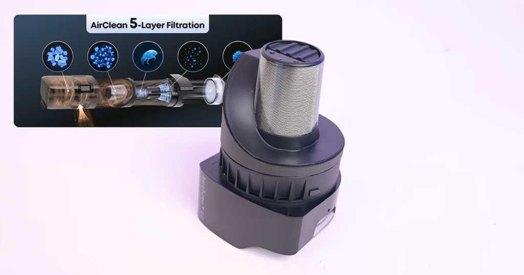 Eufy Omni S2 filtration | Vacuum Wars Close-up of the Eufy Omni S2's sealed AirClean 5-layer filtration system and dustbin assembly, paired with a diagram illustrating the five filtration stages