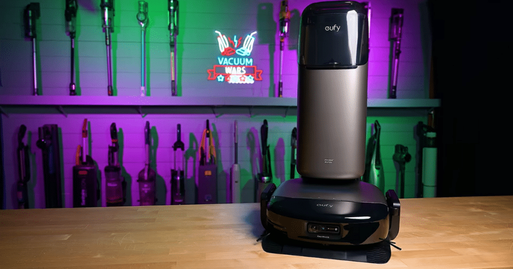 Eufy Omni S2 hero product | Vacuum Wars Eufy Omni S2 robot vacuum and UniClean self-empty dock on the Vacuum Wars test bench. The premium robot vacuum features 30,000Pa suction, a HyperStream 2.0 roller mop, perfect 24/24 obstacle avoidance, and a Top 20 Vacuum Wars ranking.