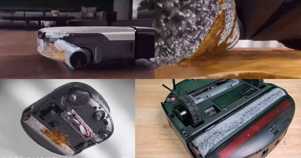 Eufy Omni S2 mop hardware | Vacuum Wars Collage highlighting the Eufy Omni S2's HyperStream 2.0 roller mop system, showing the self-cleaning roller, underside of the robot, and the roller picking up wet spills. The design continuously applies clean water while collecting dirty water into an onboard tank.