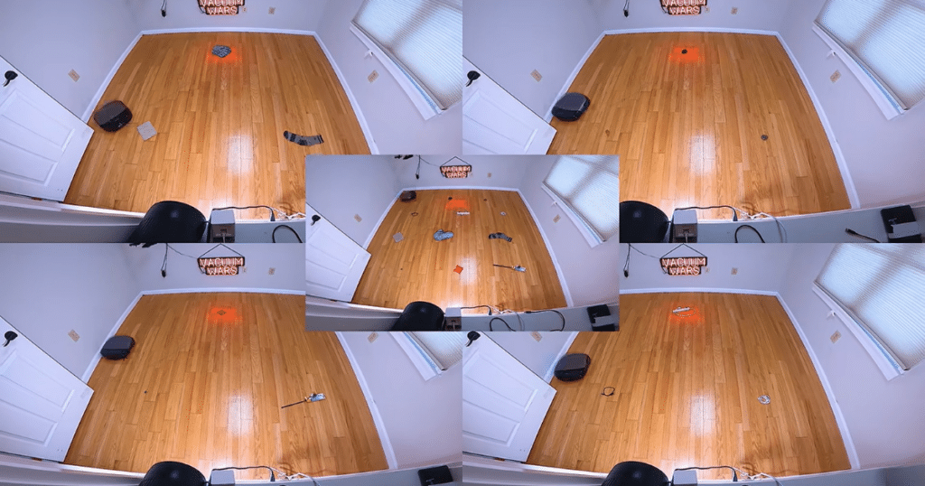 Eufy Omni S2 obstacle avoidance test | Vacuum Wars Collage of the Eufy Omni S2 completing the Vacuum Wars obstacle avoidance test with 24 household objects. The robot achieved a perfect 24 out of 24 score, avoiding every obstacle without a collision.