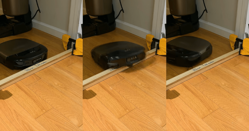 Eufy Omni S2 threshold test | Vacuum Wars Three-frame sequence of the Eufy Omni S2 attempting the Vacuum Wars threshold climbing test on a 32 mm single threshold. The robot cleared the obstacle once in three attempts, despite Eufy's 35 mm single-threshold rating.