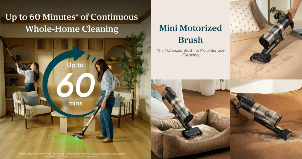 Levoit VortexIQ Pro Features | Vacuum Wars Levoit VortexIQ Pro cordless vacuum with mini motorized brush attachment and up to 60 minutes of runtime