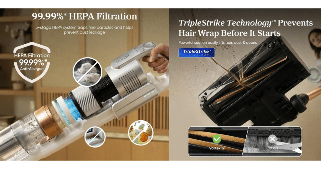 Levoit VortexIQ filter and brush | Vacuum Wars Levoit VortexIQ cordless vacuum showing 5-stage HEPA filtration system and TripleStrike anti-tangle brushroll technology
